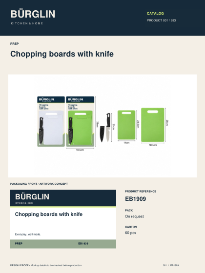 BÜRGLIN Chopping boards with knife catalog design proof