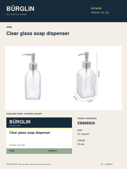 BÜRGLIN Clear glass soap dispenser catalog design proof
